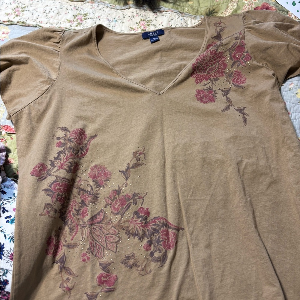 Chaps Tan Tee with Pink Floral Accents